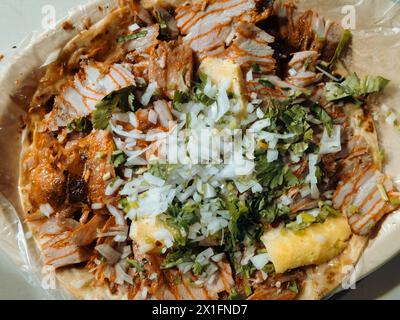 Vista dall'alto dei grandi tacos messicani al pastor Street con coriandolo, cipolla e ananas. Foto Stock