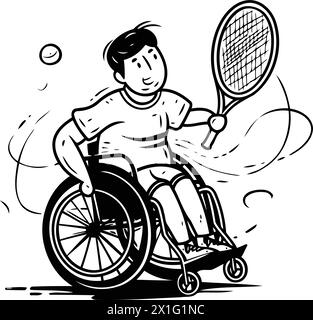 Uomo disabili in sedia a rotelle che gioca a tennis. Illustrazione vettoriale disegnata a mano. Illustrazione Vettoriale