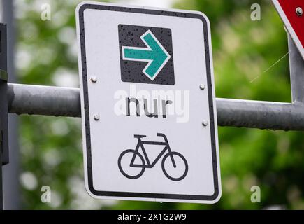 Dresda, Germania. 15 aprile 2024. Un cartello con una freccia verde per i ciclisti è stato installato al semaforo dell'Albert Bridge. Crediti: Robert Michael/dpa/Alamy Live News Foto Stock
