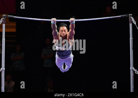 Marios Georgiou (Cipro, medaglia d'oro). Campionati europei di Monaco 2022: Ginnastica artistica, finali bar orizzontali uomo Foto Stock