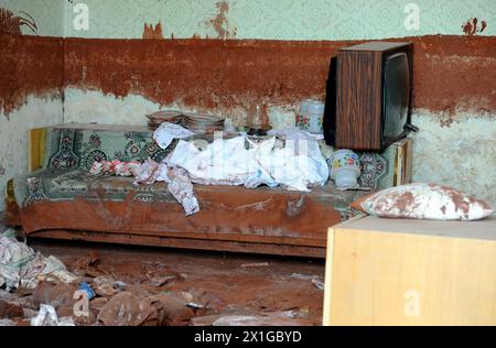 Impressioni di Kolontar in Ungheria, sei mesi dopo la fuoriuscita di fanghi di allumina di Ajka, catturate il 5 aprile 2011. L'incidente industriale è stato uno dei peggiori disastri ambientali, in cui la diga di un bacino idrico è crollata e circa 700.000 metri cubi di rifiuti tossici provenienti da laghi di fango rosso si sono riversati su un'area di 40 chilometri quadrati. - 20110405 PD3862 - Rechteinfo: Diritti gestiti (RM) Foto Stock