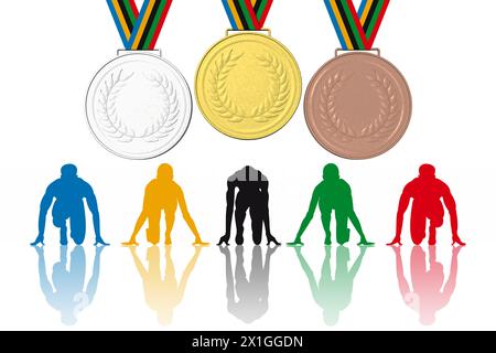 Illustrazione 3D. Atleti al via con medaglie di fondo per il podio: oro, argento, bronzo. Foto Stock