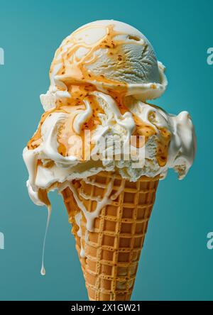 Due cucchiai di gelato alla vaniglia su fondo blu cono gelato Foto Stock