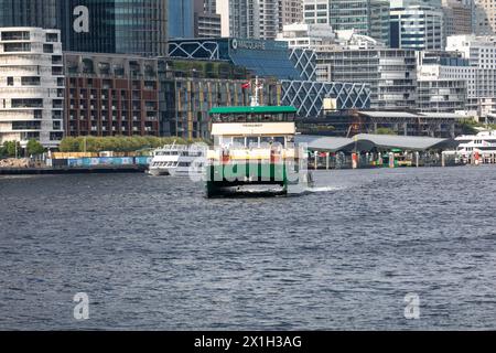 Il traghetto di Sydney, chiamato Pemulwuy, si inchina verso la macchina fotografica, parte dal molo dei traghetti di Barangaroo a Sydney, NSW, Australia Foto Stock