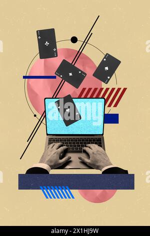 Immagine collage creativo verticale mani umane che digitano laptop online casinò blackjack carte gioco d'azzardo concetto premio in denaro vincere Foto Stock