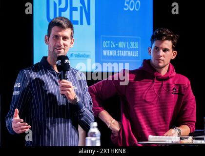 Il tennista serbo Novak Djokovic e il tennista austriaco Dominic Thiem (R) si rivolgono a una conferenza stampa prima del Tennis Open di Vienna, Austria, il 25 ottobre 2020. - 20201025 PD1974 - Rechteinfo: Diritti gestiti (RM) Foto Stock