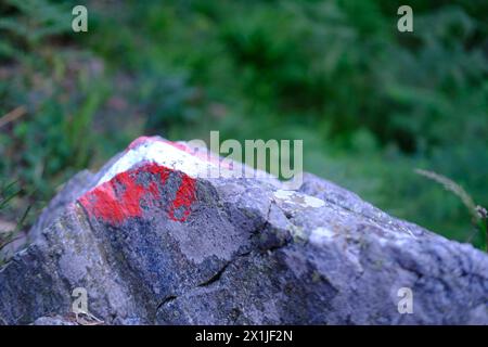 Segni rossi bianchi sulla pietra, waypoint lungo il percorso, segnavia, navigazione su sentieri rocciosi, ostacoli all'avventura all'aperto, esplorazione avventurosa dei percorsi Foto Stock