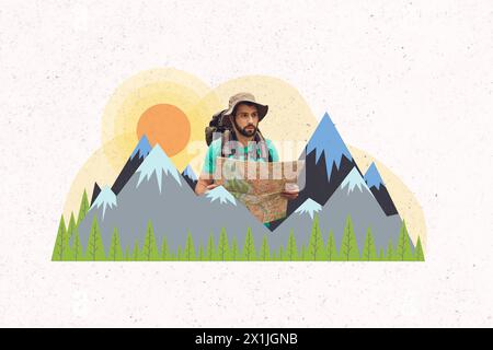 Grafica di tendenza immagine di schizzo composito collage fotografico di uomo indossare zaino escursionismo cavalletto da viaggio camminare tra la mappa di tenuta della montagna trovare la strada Foto Stock