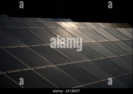 Pannelli solari nei raggi solari che producono elettricità Foto Stock