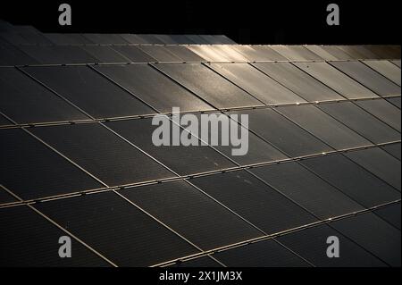Pannelli solari nei raggi solari che producono elettricità Foto Stock