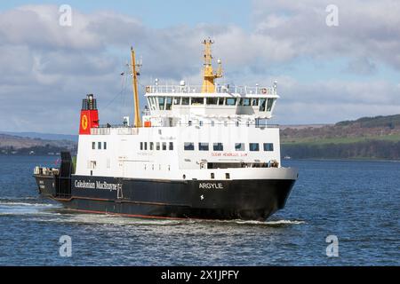 Caledonian MacBrayne MV Argyle, navigando da Rothesay sull'isola di Bute fino al terminal di Wemyss Bay, attraverso il Firth of Clyde, Foto Stock