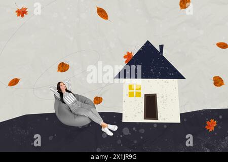 Collage fotografico 3D di tendenza con schizzi compositi di una giovane donna attraente sedersi in beanbag all'aperto a casa strada autunno stagione giorno insieme Foto Stock