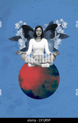 Collage fotografico verticale di una ragazza calma e mentale che meditava yoga pratica ritiro farfalla ali di fata fiore isolato su sfondo dipinto Foto Stock