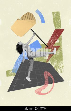 Immagine collage composita della piastra di tenuta femminile annunciano la promozione di vendita carta di notizie texture fantasia fumetti per affissioni zine minimal Foto Stock