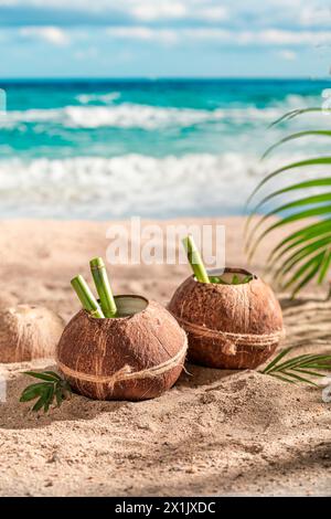 Pinacolada fresca e gustosa in cocco sulla spiaggia sabbiosa. Vacanze su una spiaggia paradisiaca. Foto Stock