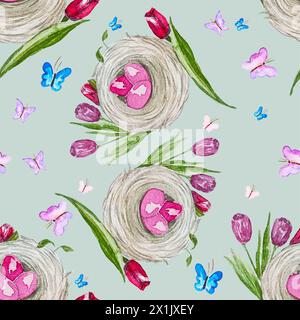 Modello primaverile con uova e un nido di fiori e farfalle. Vettoriale dell'acquerello colori delicati e freschi Foto Stock
