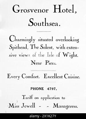 Pubblicità per il Grosvenor Hotel, Southsea. Situato in una posizione incantevole affacciato su Spithead, il Solent, con ampie vedute dell'Isola di Wight. Originariamente stampato e pubblicato per la Portsmouth and Southsea Improvement Association, c1924. Foto Stock