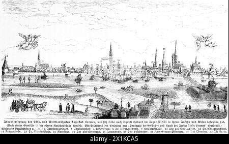 Vista della città anseatica di Brema sul fiume Weser nell'anno 1602, illustrazione storica 1880 Foto Stock