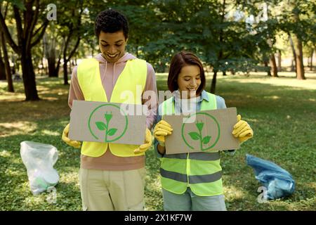 Coppia diversificata e socialmente attiva in giubbotti di sicurezza e guanti che tengono in mano cartelli mentre puliscono un parco insieme. Foto Stock