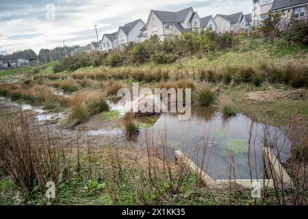 Schema di drenaggio urbano sostenibile, per prevenire inondazioni improvvise che travolgono il sistema di smaltimento delle acque reflue. Cala Homes Cults Aberdeen Foto Stock