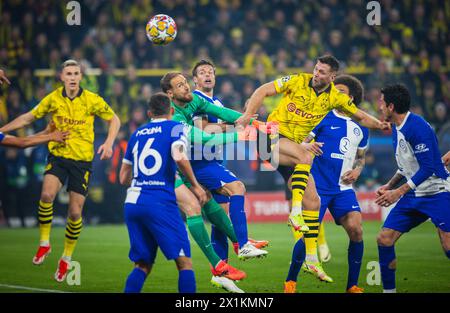 Dortmund, Germania. 16 aprile 2024. Torwart Jan Oblak (Atletico) Cesar Azpilicueta (Atletico) Niclas Füllkrug (BVB) Borussia Dortmund - Atletico Madrid Foto Stock