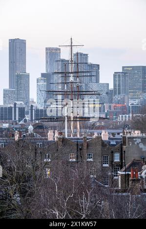 Vista del Mast of the Cutty Sark a Greenwich, Londra, Regno Unito Foto Stock