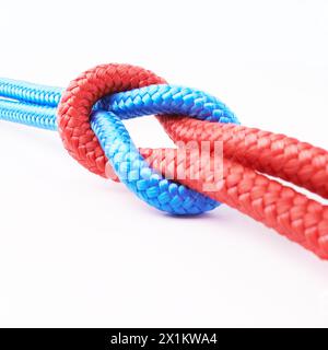 Corda, connessione o loop insieme su sfondo bianco dello studio per il lavoro di squadra, la comunicazione o la pianificazione. Cavi, collegamenti o nodi con colori diversi Foto Stock