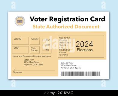 Ecco una finta carta di registrazione degli elettori emessa dallo stato generico. Si tratta di elettori e elezioni ed è un esempio in 3D. Foto Stock