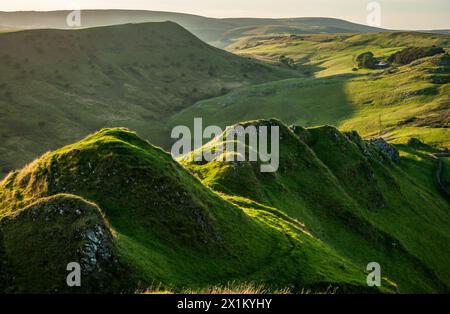 Luce della Sera sulla frastagliata cresta della collina di cromo o Dragon's torna vicino a Buxton nel Derbyshire Peak District Foto Stock