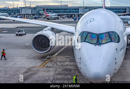 Vista panoramica della cabina di un Airbus A350, un aereo commerciale a fusoliera larga della compagnia aerea spagnola Iberia, parcheggiato all'aeroporto di New York (USA) Foto Stock