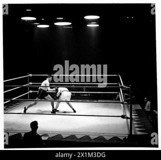 ARMY BOXING CHAMPIONSHIPS - Scene durante i round della finale dei pesi welter professionisti. Sgt.Instr.R.James [A.P.T.C] B. Sgt.Installa. A.Danahar [A.P.T.C.] indossando pantaloncini neri, Sgt.Inst. A. Danahar è stato il vincitore, British Army Foto Stock