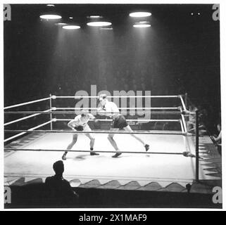 ARMY BOXING CHAMPIONSHIPS - Scene durante i round della finale dei pesi welter professionisti. Sgt.Instr.R.James [A.P.T.C] B. Sgt.Installa. A.Danahar [A.P.T.C.] indossando pantaloncini neri, Sgt.Inst. A. Danahar è stato il vincitore, British Army Foto Stock