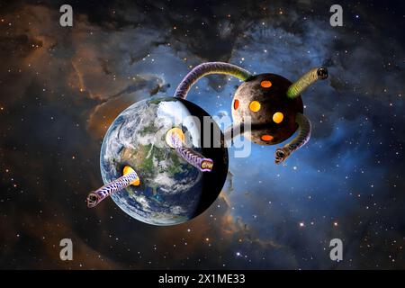 Una rappresentazione fantascientifica di un enorme Hydra Leviathan dallo spazio che attacca la Terra masticando il pianeta. Foto Stock
