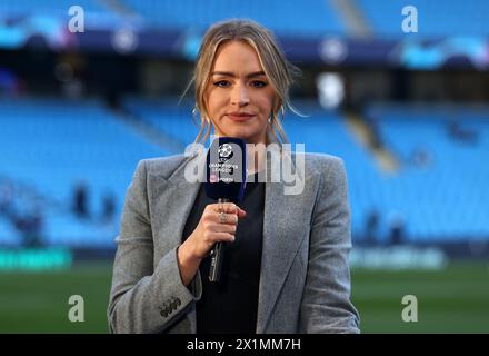 Etihad Stadium, Manchester, Regno Unito. 17 aprile 2024. Champions League Football, quarti di finale, Manchester City contro Real Madrid; Laura Woods presentatrice di TNT Sports Credit: Action Plus Sports/Alamy Live News Foto Stock