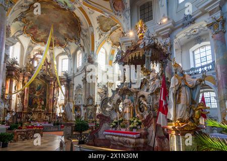 Bad Staffelstein: Navata della basilica dei quattordici santi aiutanti (Basilika Vierzehnheiligen), altare della Misericordia (Gnadenaltar) a Oberfranken, Franc superiore Foto Stock