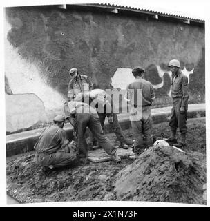 ITALIA: QUINTO FRONTE DELL'ESERCITO - prigionieri tedeschi che lavorano nel campo. Si vedono sgombrare terreno e riparare recinzioni, British Army Foto Stock