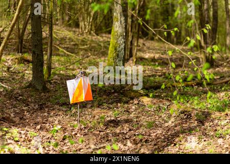 Orientamento. Punto di controllo prisma e composter elettrico per l'orientamento nella foresta primaverile. Apparecchiature di navigazione. Il concetto Foto Stock