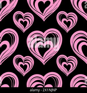 motivo grafico senza cuciture di cuori rosa su sfondo nero, texture e design Foto Stock