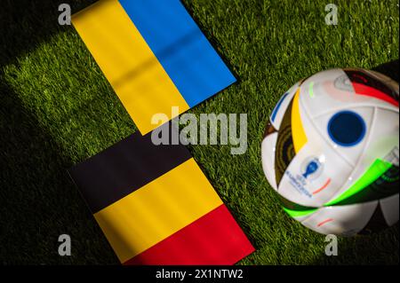 LIPSIA, GERMANIA, 17 APRILE 2024: Ucraina vs Belgio, Euro 2024 gruppo e partita di calcio a Stoccarda Arena, Stoccarda, 26 giugno 2024, palla ufficiale su g Foto Stock