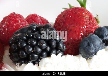 Una torta con panna ricoperta di frutta Foto Stock