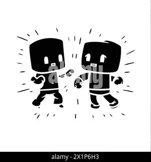 Illustrazione grafica astratta vettoriale disegnata a mano di due simpatici robot bianchi che combattono l'uno contro l'altro isolati su sfondo rosso Illustrazione Vettoriale