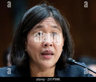 Washington, Stati Uniti. 17 aprile 2024. Katherine Tai, Rappresentante commerciale degli Stati Uniti (USTR), ha parlato ad un'audizione del Comitato finanziario del Senato presso il Campidoglio degli Stati Uniti. (Foto di Michael Brochstein/Sipa USA) credito: SIPA USA/Alamy Live News Foto Stock