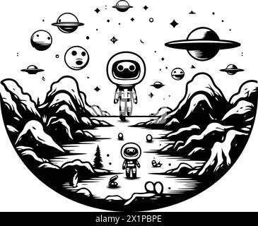 Illustrazione vettoriale dell'astronauta sul pianeta alieno. Esplorazione spaziale. Stile cartoni animati. Illustrazione Vettoriale
