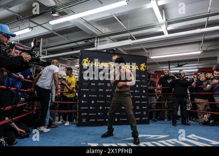 New York, Stati Uniti. 17 aprile 2024. Ryan Garcia fa da shadowbox all'allenamento mediatico per il suo combattimento con il campione WBC super leggero Devin Haney. (Credit Image: © Adam DelGiudice/ZUMA Press Wire) SOLO PER USO EDITORIALE! Non per USO commerciale! Foto Stock