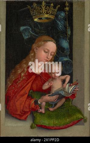 Dipinto di Madonna con bambino in una finestra del pittore tedesco Martin Schongauer circa 1485–1490 olio su tavola capolavoro d'arte quadro XV secolo Vergine Maria che tiene il bambino Gesù Foto Stock
