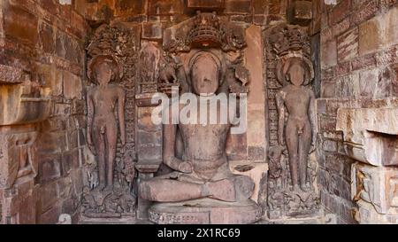 Statue giainiste di Brocken intorno al gruppo Dudhai del Tempio, Dudhai, Lalitpur, Uttar Pradesh, India. Foto Stock
