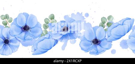 Un bordo senza cuciture caratterizzato da delicati anemoni blu e foglie di eucalipto. illustrazione acquerello per sfondi digitali, cancelleria per scrapbooking Foto Stock