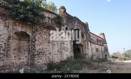 INDIA, UTTAR PRADESH, JHANSI, DICEMBRE 2023, turista all'uscita Ruin del forte di Samthar Foto Stock