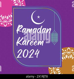 Festeggia il Ramadan 2024 con questo elegante vettore! Una radiosa luna crescente e un'intricata lanterna adornano uno sfondo blu reale, incorniciato da motivi ornati. Illustrazione Vettoriale