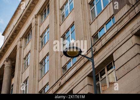 Il gabbiano si trova su un palo a luci di strada, accanto a un edificio storico a Liverpool, Regno Unito Foto Stock